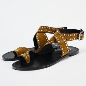 ZARA STUDDED FLAT SUEDE SANDALS